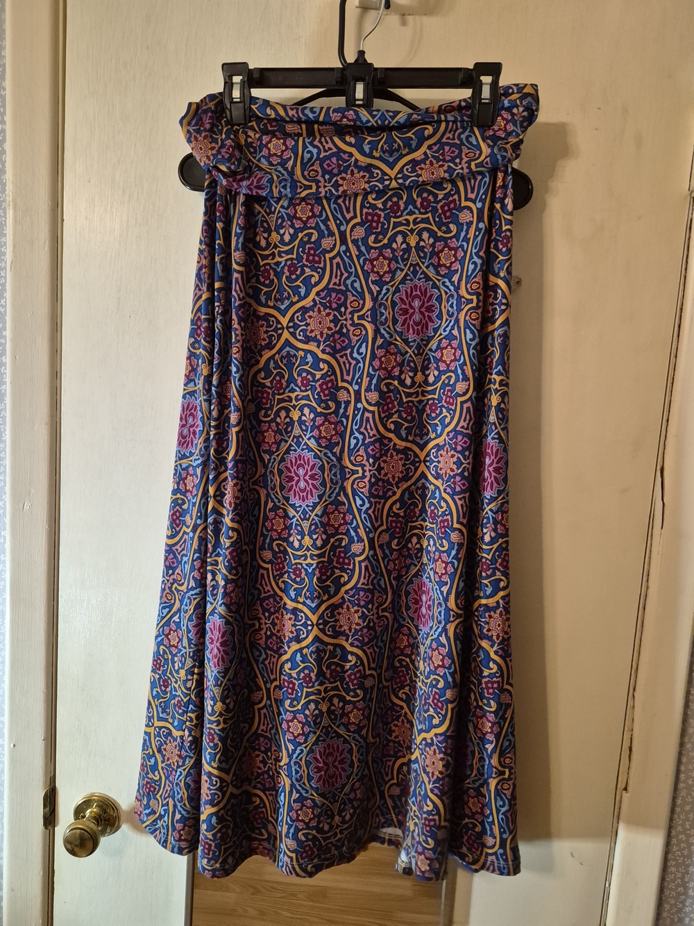 Boho Floral Tile Print Maxi Skirt in Blue & Burgundy